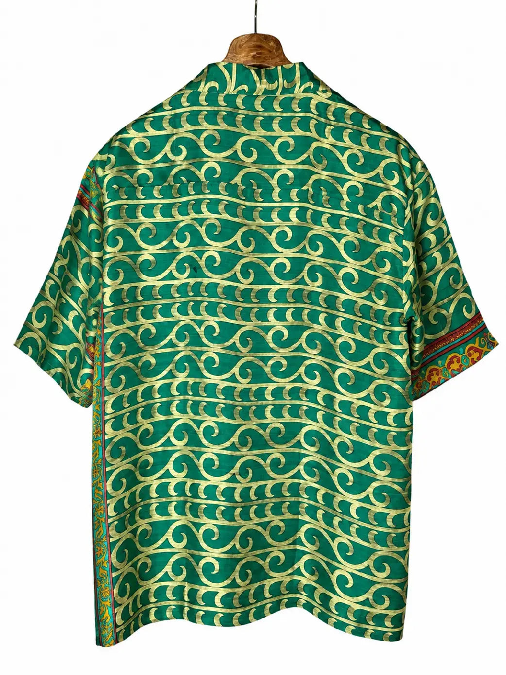 Camicia Etnica in Seta Sari Vintage Onde Verde Smeraldo - Taglia M