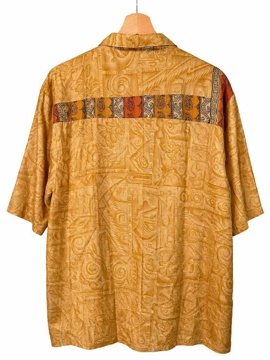 Camicia in Seta Sari Tribale Tono su Tono Ocra e Arancio - Taglia M
