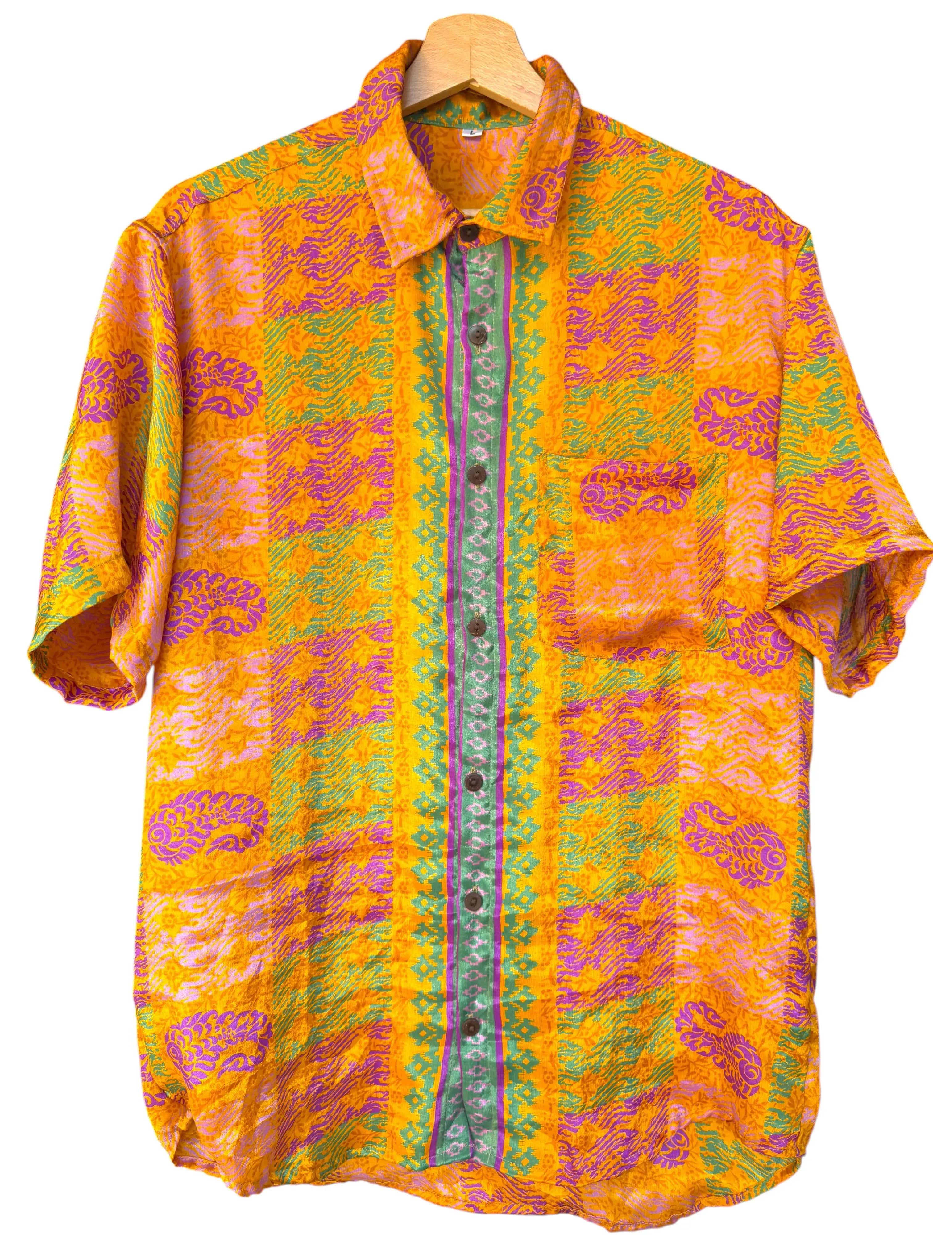 Camicia Etnica Arancio Viola Verde - Paisley Boho Sari - Taglia L