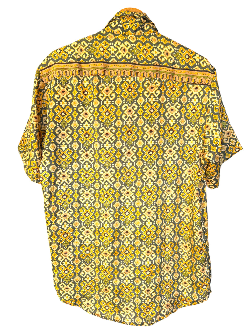 Camicia Etnica Verde Ocra Ikat Geometrico Boho Sari Unisex - Taglia L