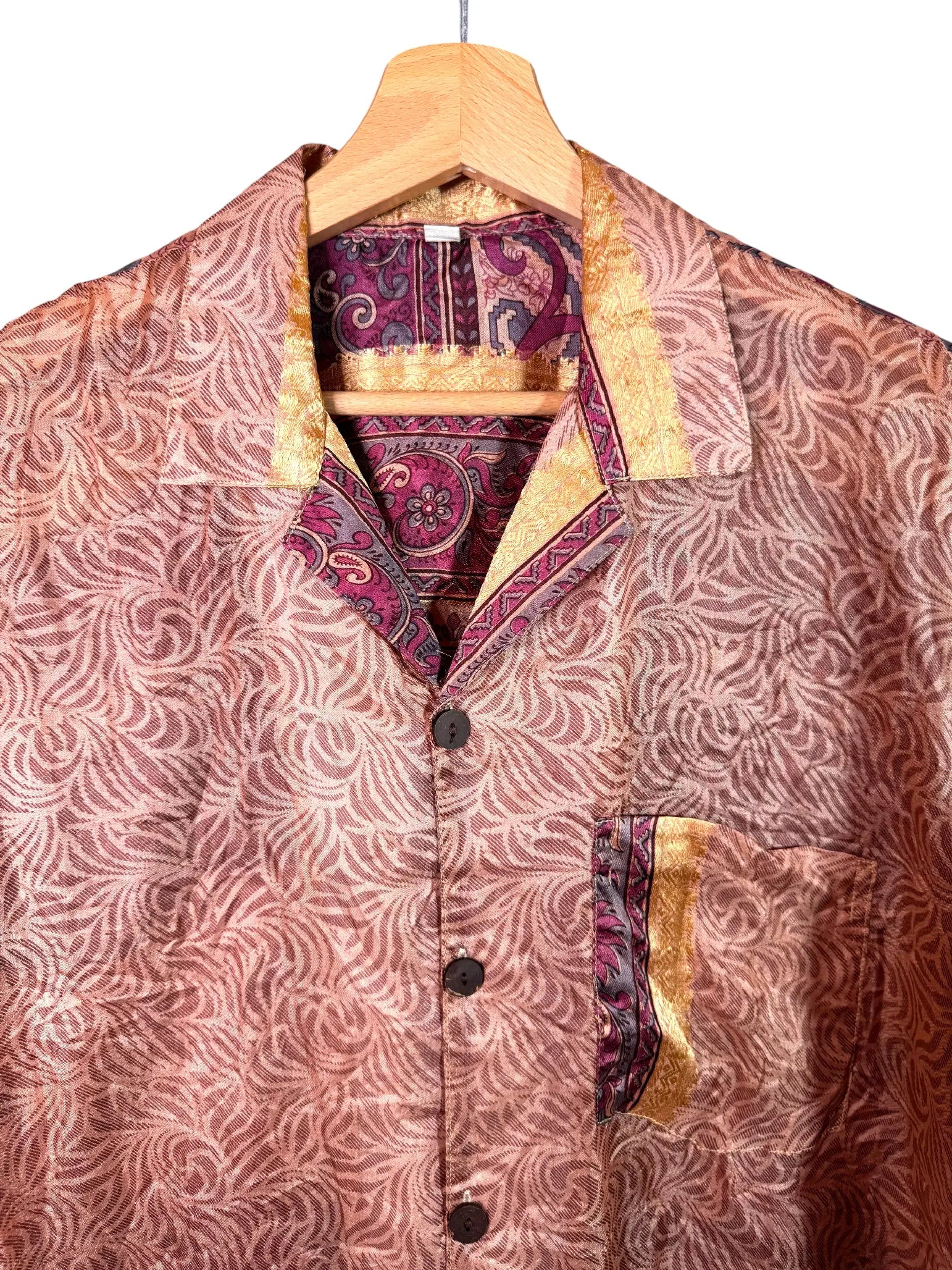Camicia in Seta Sari Paisley Bordure Terracotta e Bordeaux - Taglia S