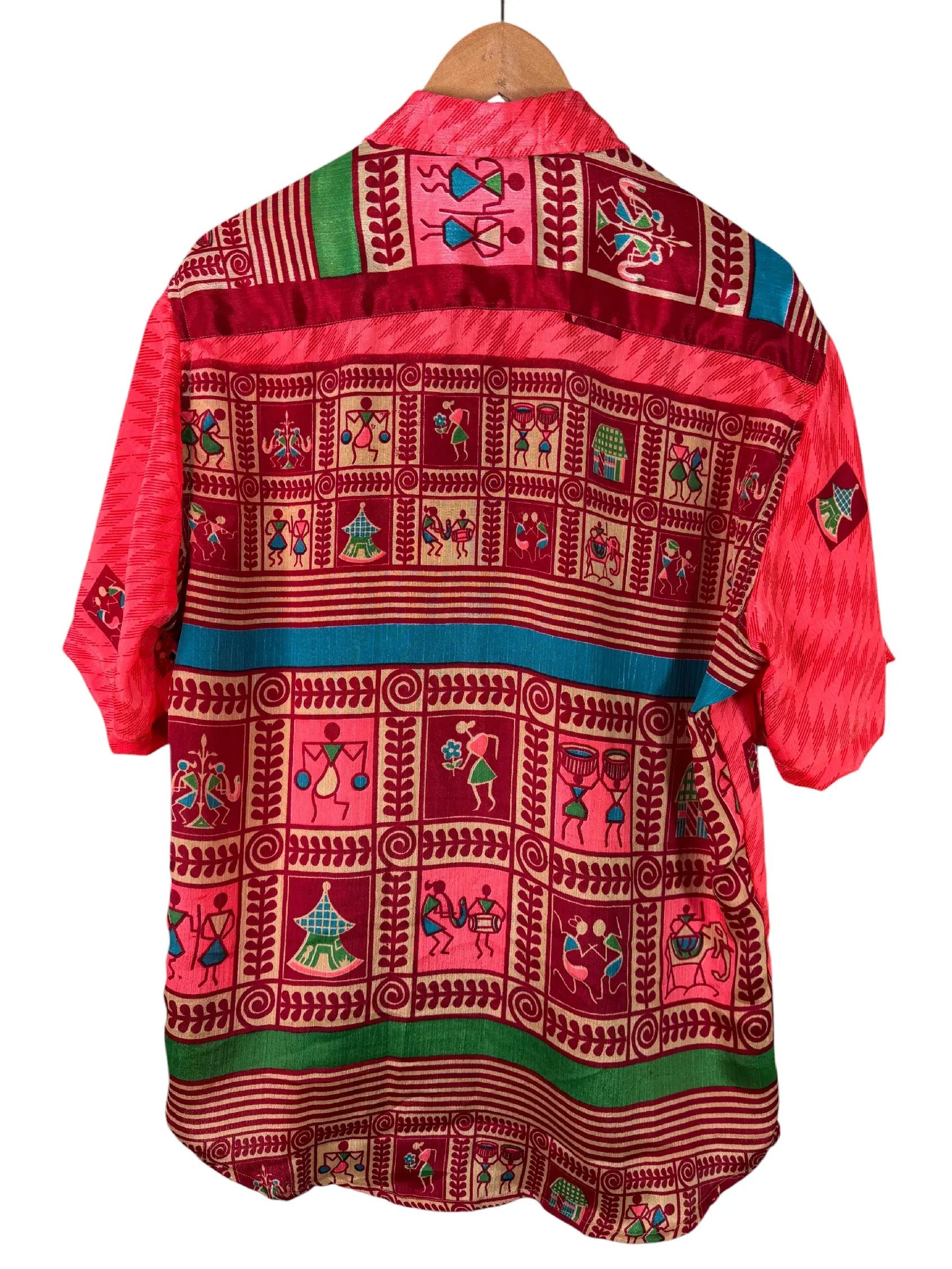 Camicia Sari Warli Corallo e Avorio Figure Folk Unisex - Taglia XL