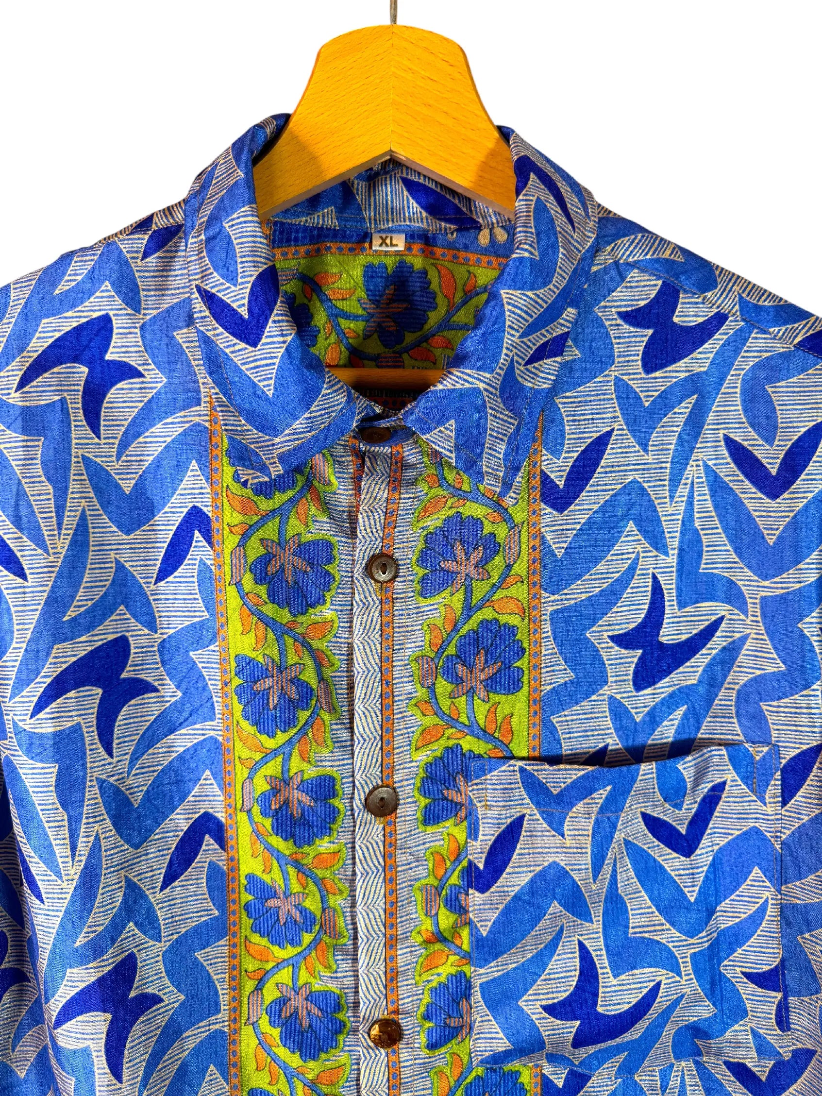 Camicia Sari Frecce Blu Cobalto con Fascia Floreale Verde Unisex - Taglia XL