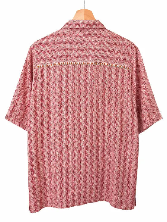 Camicia in Seta Sari Chevron Rosso e Avorio Unisex - Taglia L