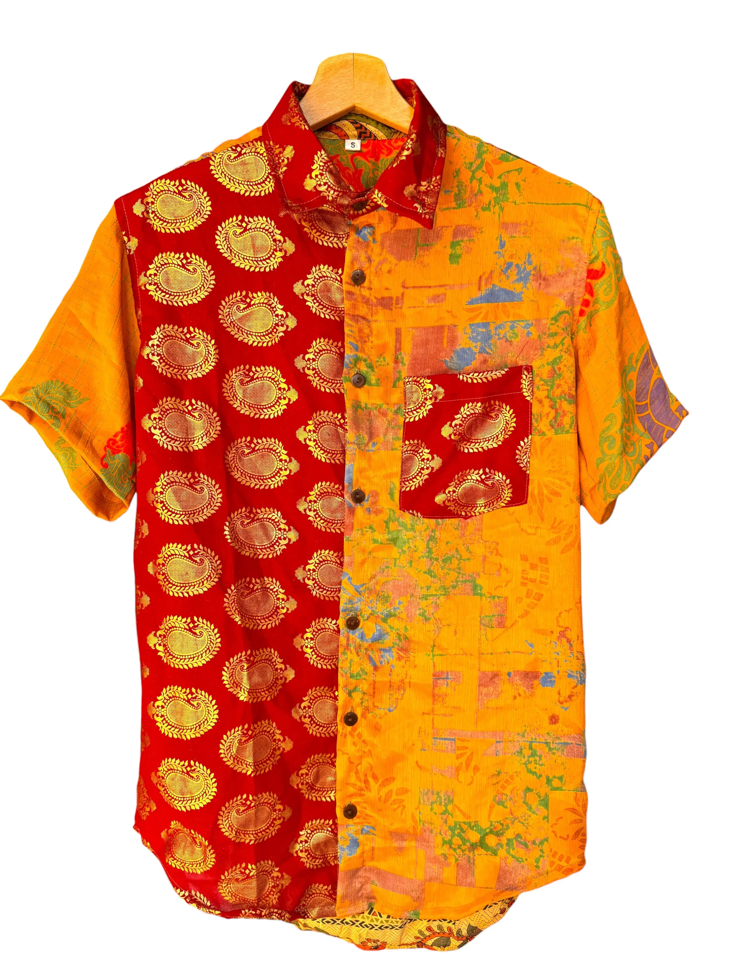 Camicia Etnica Patchwork Arancione e Rossa Vintage - Taglia S