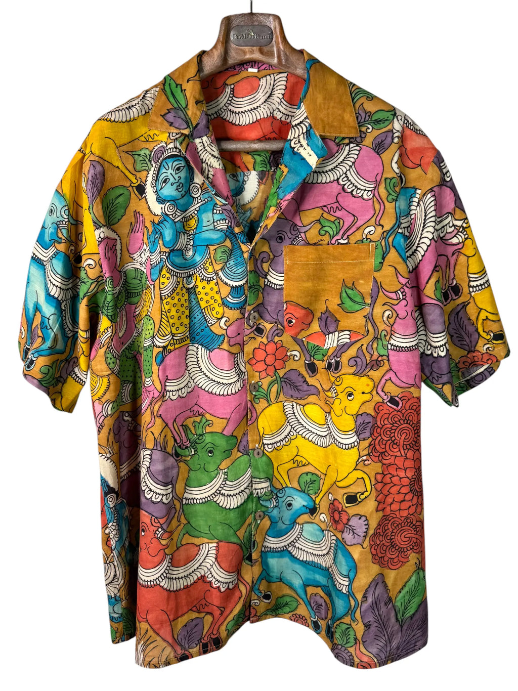Camicia Etnica Seta Tussar Kalamkari Krishna e Vacche - L
