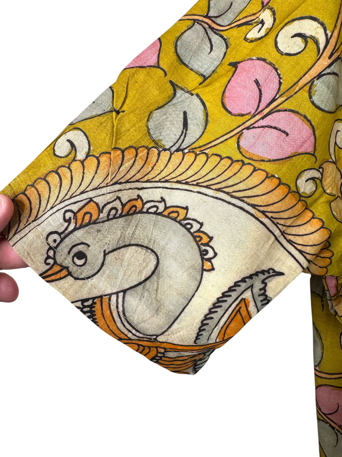 Camicia Etnica Seta Tussar Kalamkari Fiori e Pavoni - Tg L