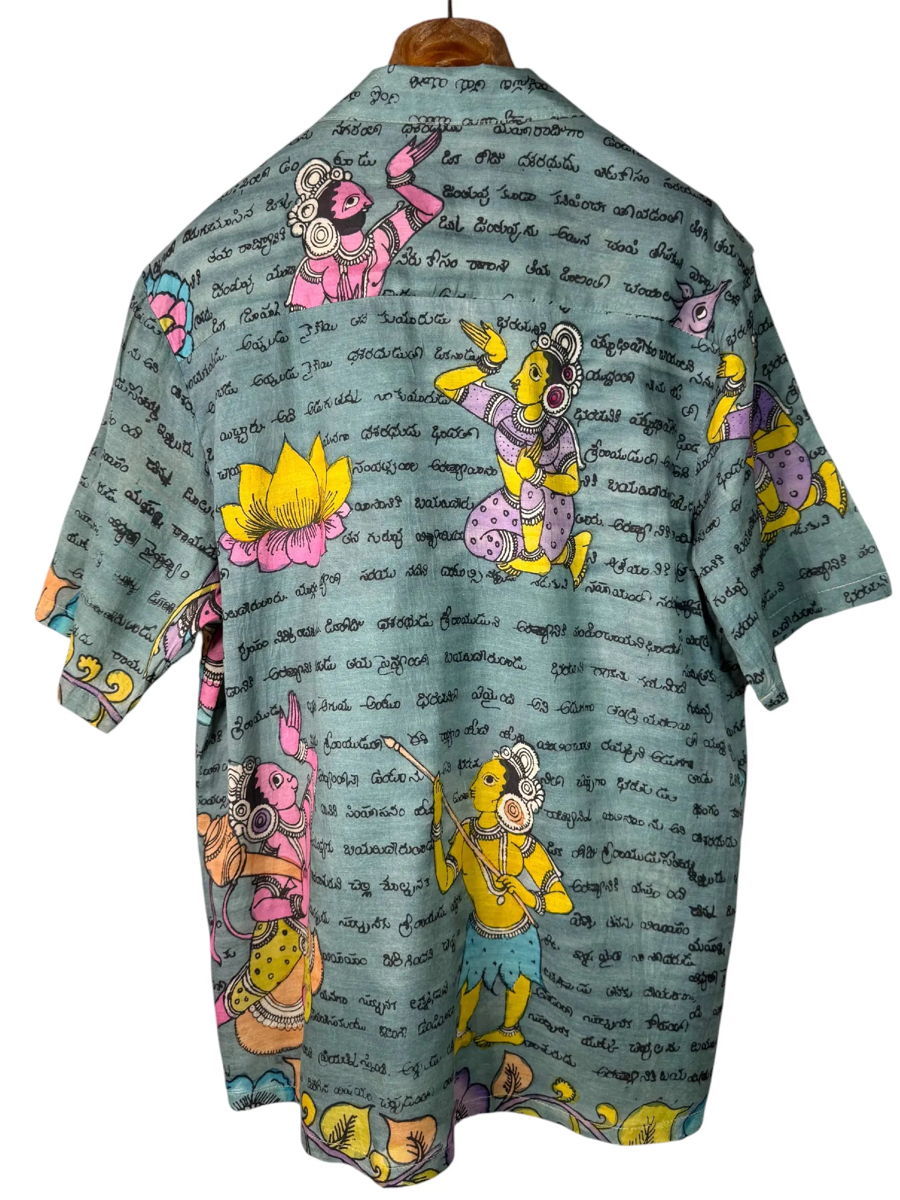 Camicia Etnica Seta Tussar Kalamkari Figure e Scrittura - M