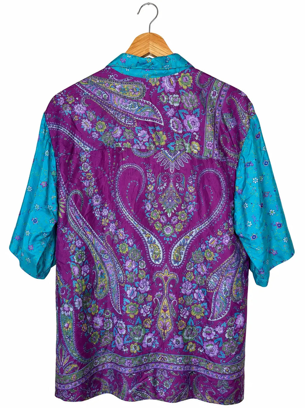Camicia Etnica in Seta Sari Fiori Turchese Fucsia - Tg S