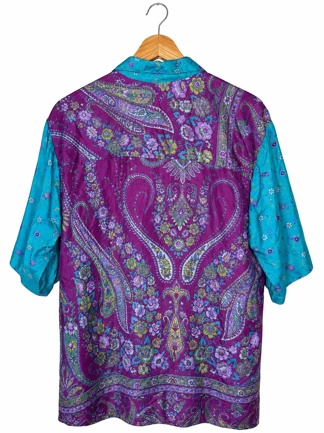 Camicia Etnica in Seta Sari Fiori Turchese Fucsia - Tg S