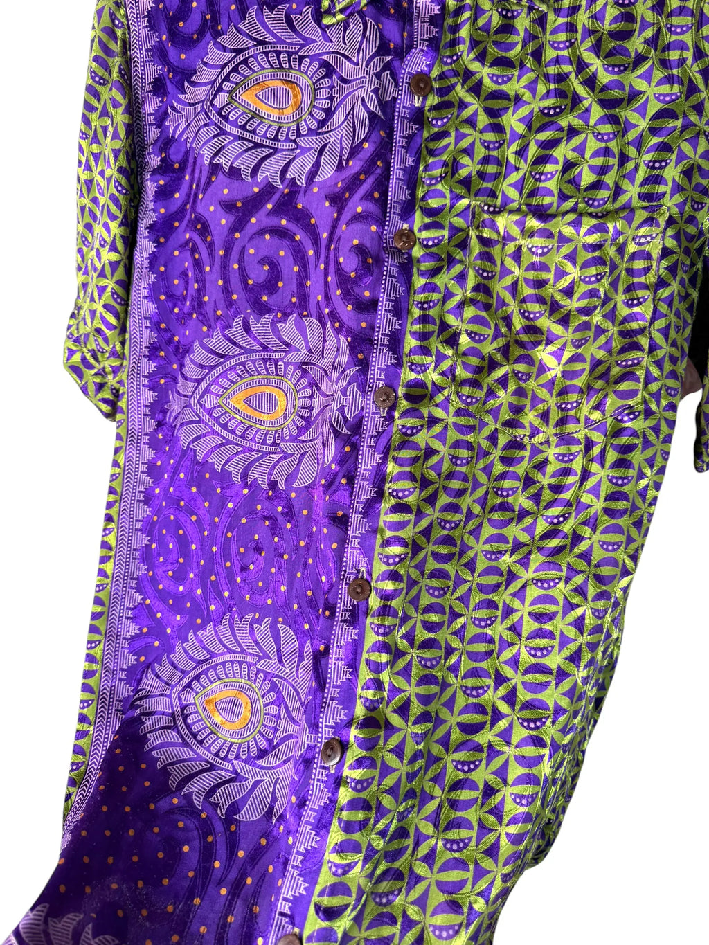 Camicia Etnica Viola e Verde Geometrica - Sari Upcycled - Taglia M