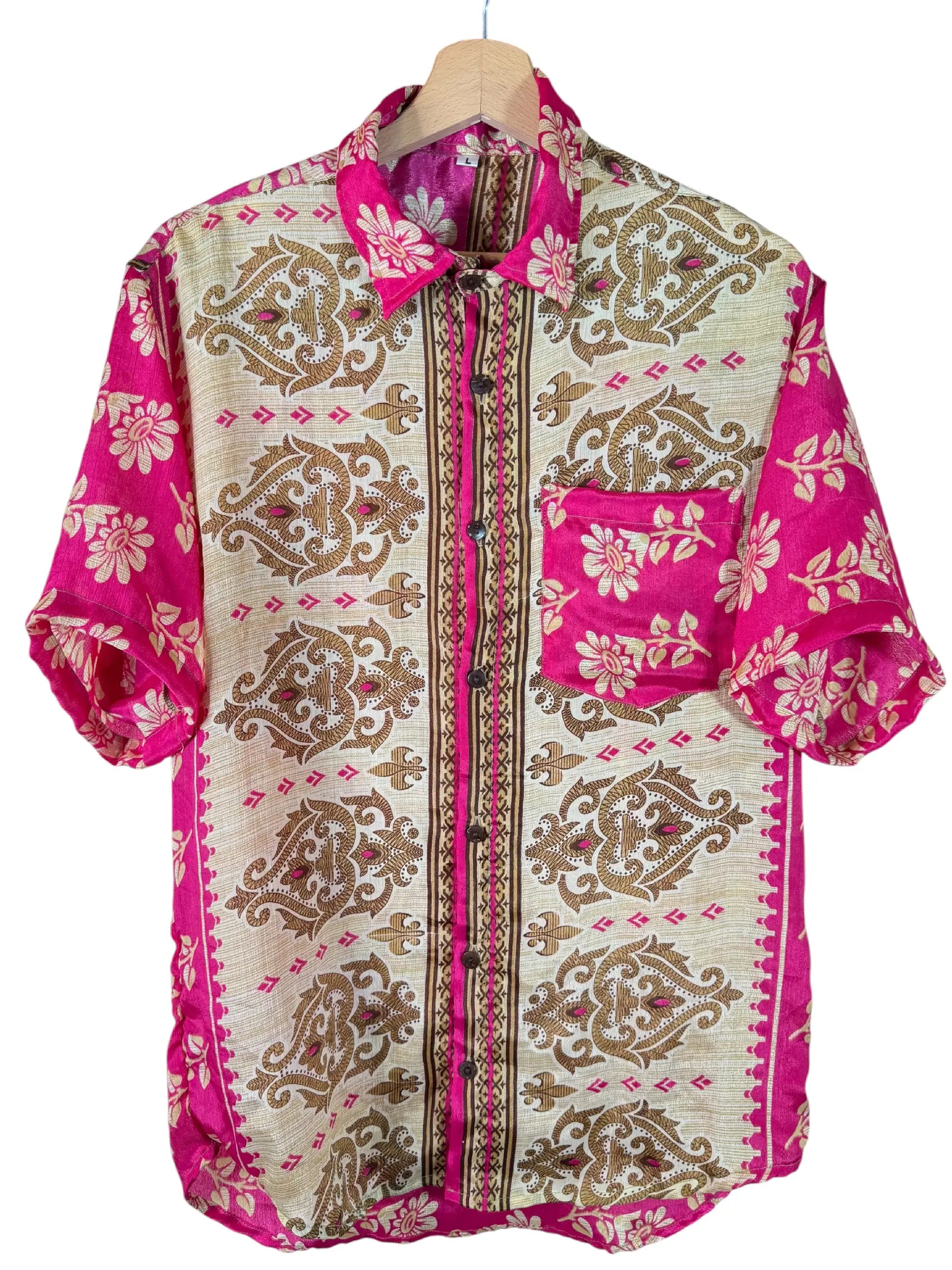 Camicia Etnica Fucsia Oro - Paisley Floreale Boho Sari - Taglia L