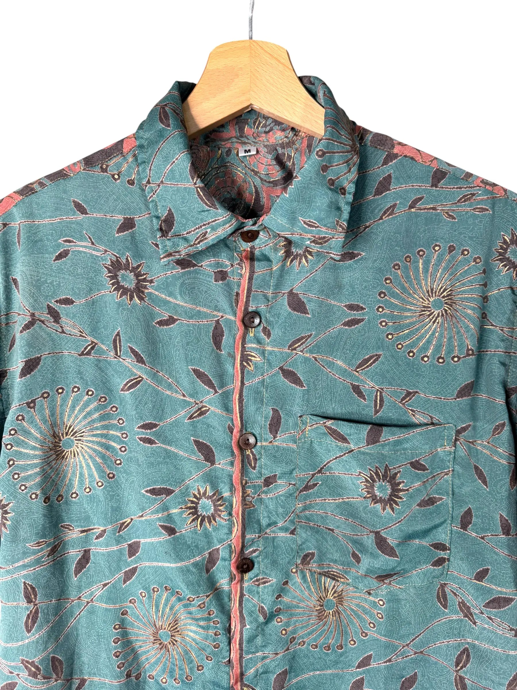 Camicia Etnica Verde Acqua Floreale - Sari Upcycled - Taglia M