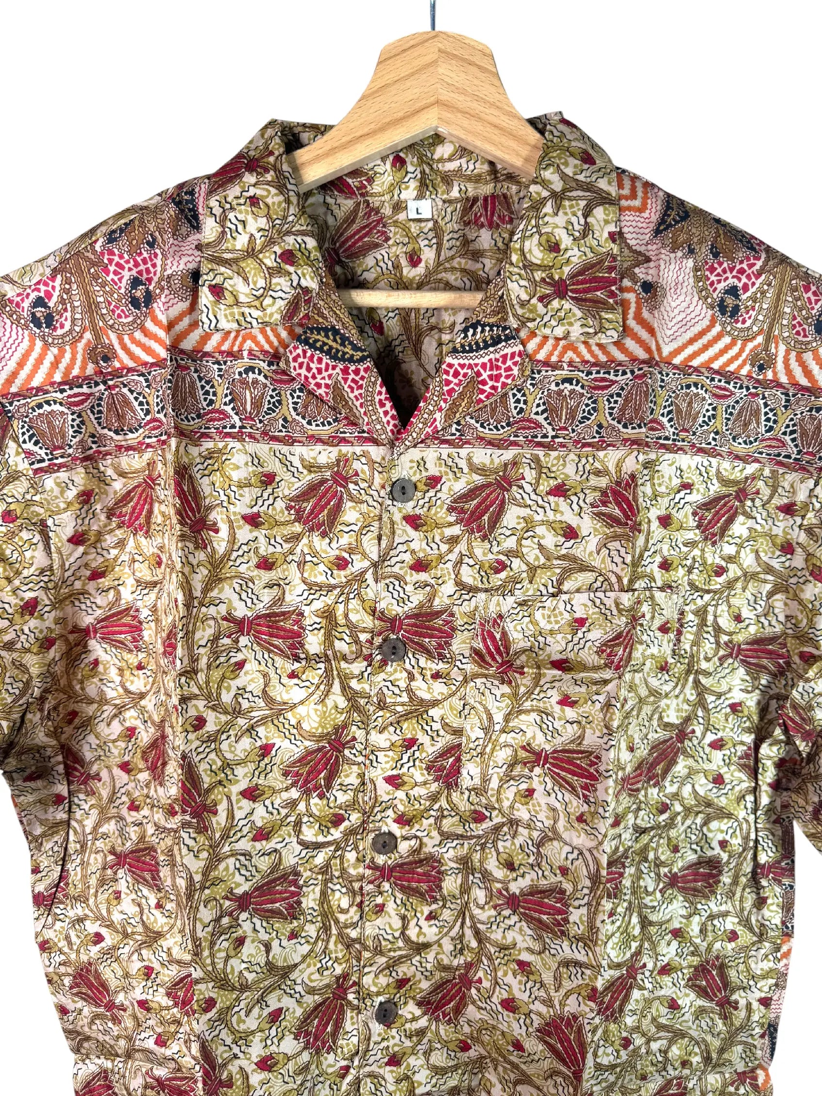 Camicia Unisex in Seta Sari Kalamkari con Fiori e Uccelli - Taglia L CAMICIE PARTICOLARI