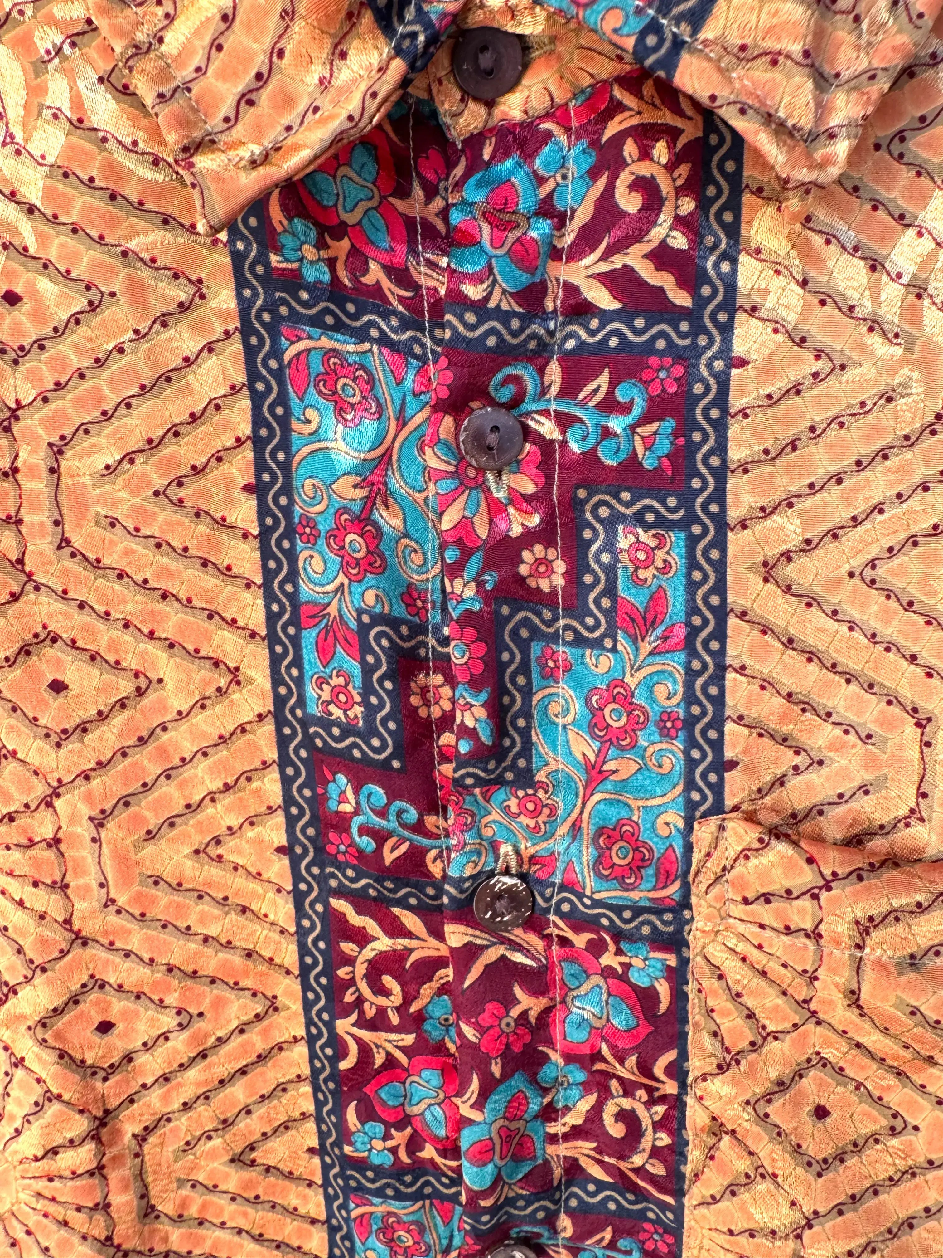Camicia Etnica Arancio Oro - Bandhani Floreale Boho Sari - Taglia L