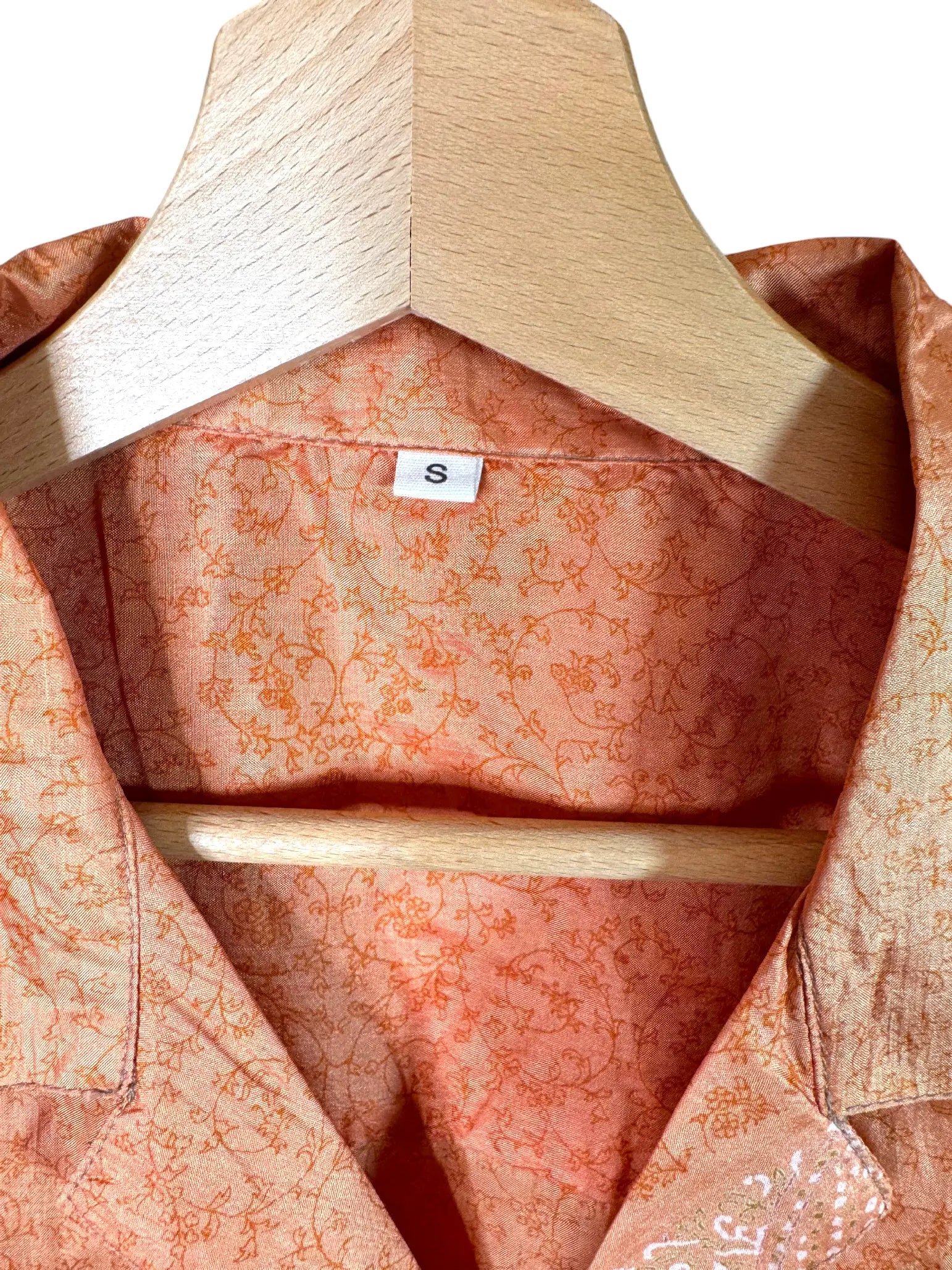 Camicia in Seta Sari Floreale Ramage Arancio Pesca Unisex - Taglia S