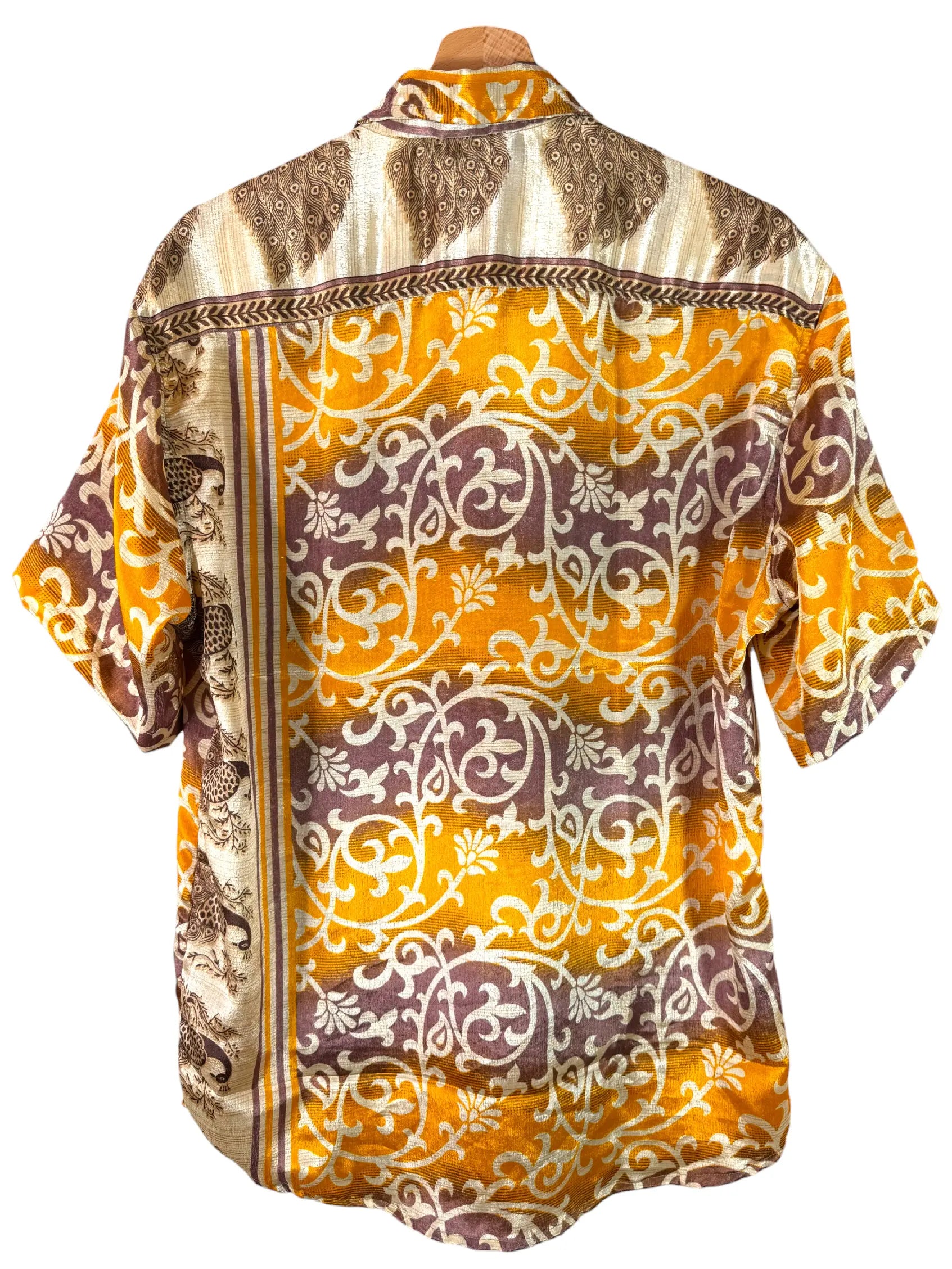 Camicia Sari Pavoni Avorio e Arabeschi Ambra Unisex - Taglia XL