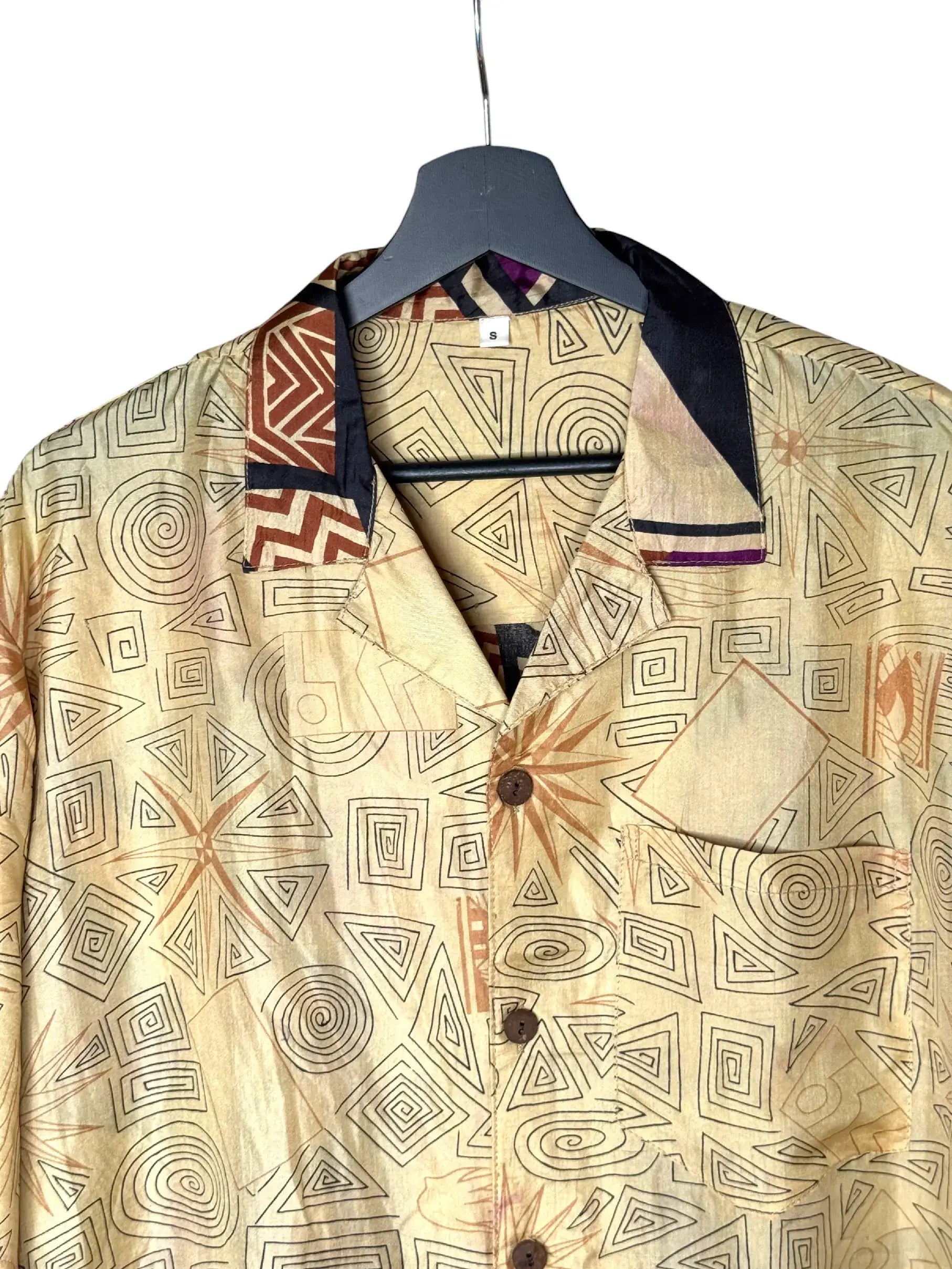 Camicia Etnica in Seta Sari Geometrico Kaleidoscopio - S