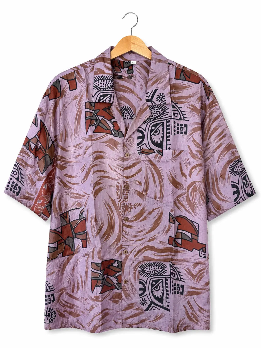 Camicia Etnica in Seta Sari Vintage Maschere Tribali Lilla - Taglia L