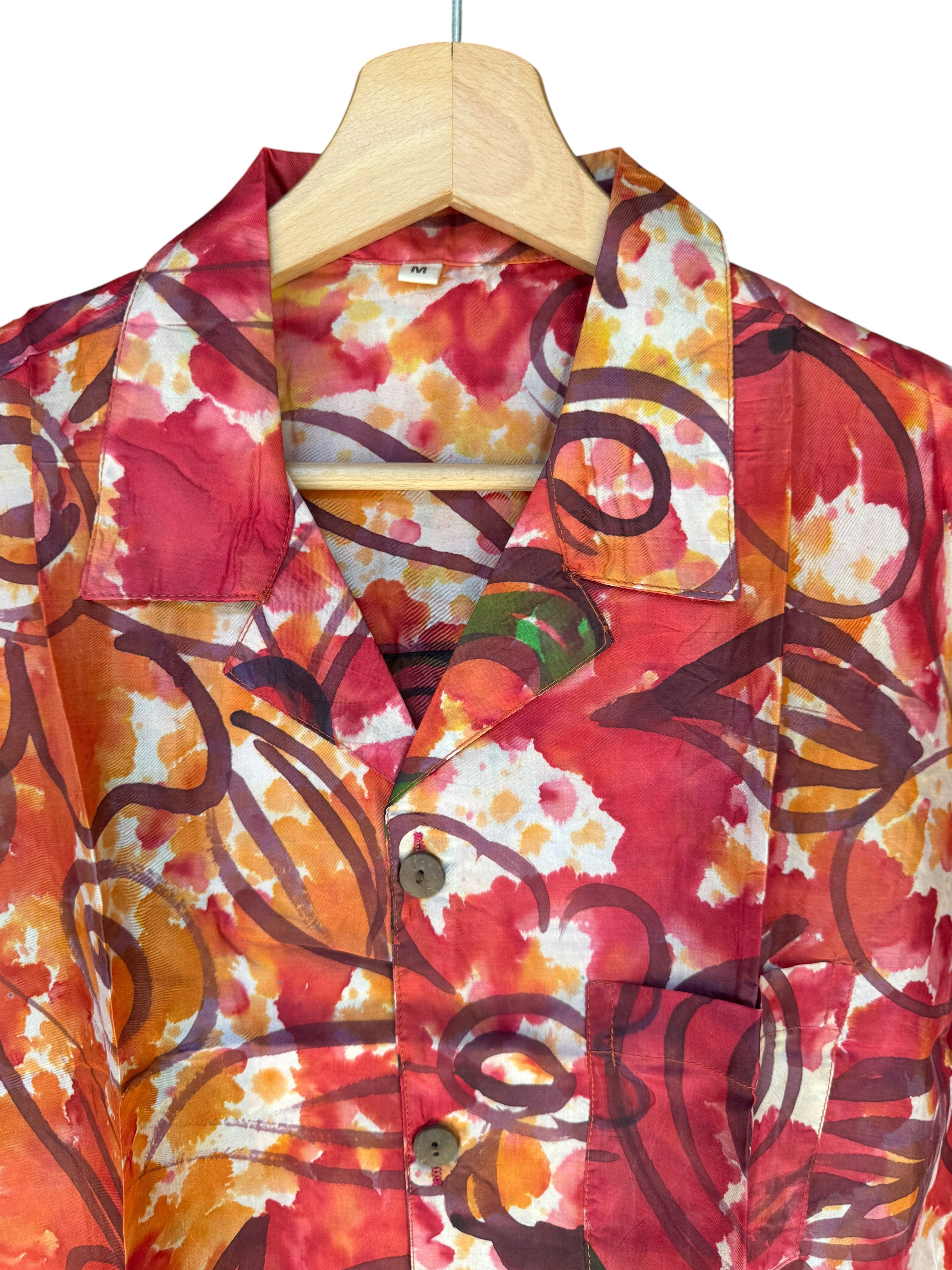 Camicia in Seta Sari Floreale Rosso Rose Dipinte Unisex - Taglia M