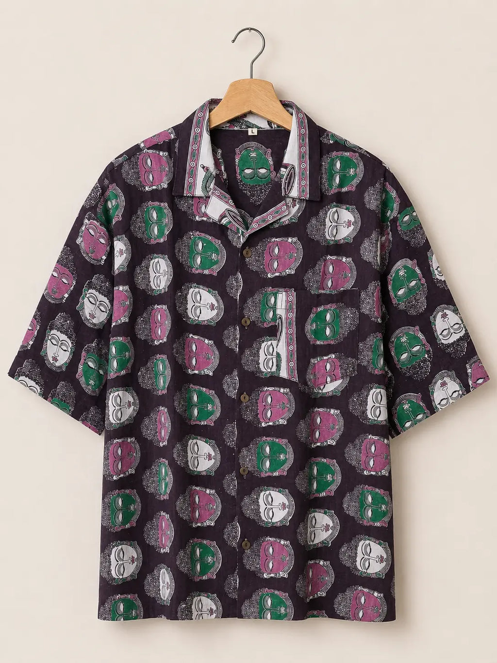 Camicia Etnica Sari Block Print Volti Stilizzati - Taglia L