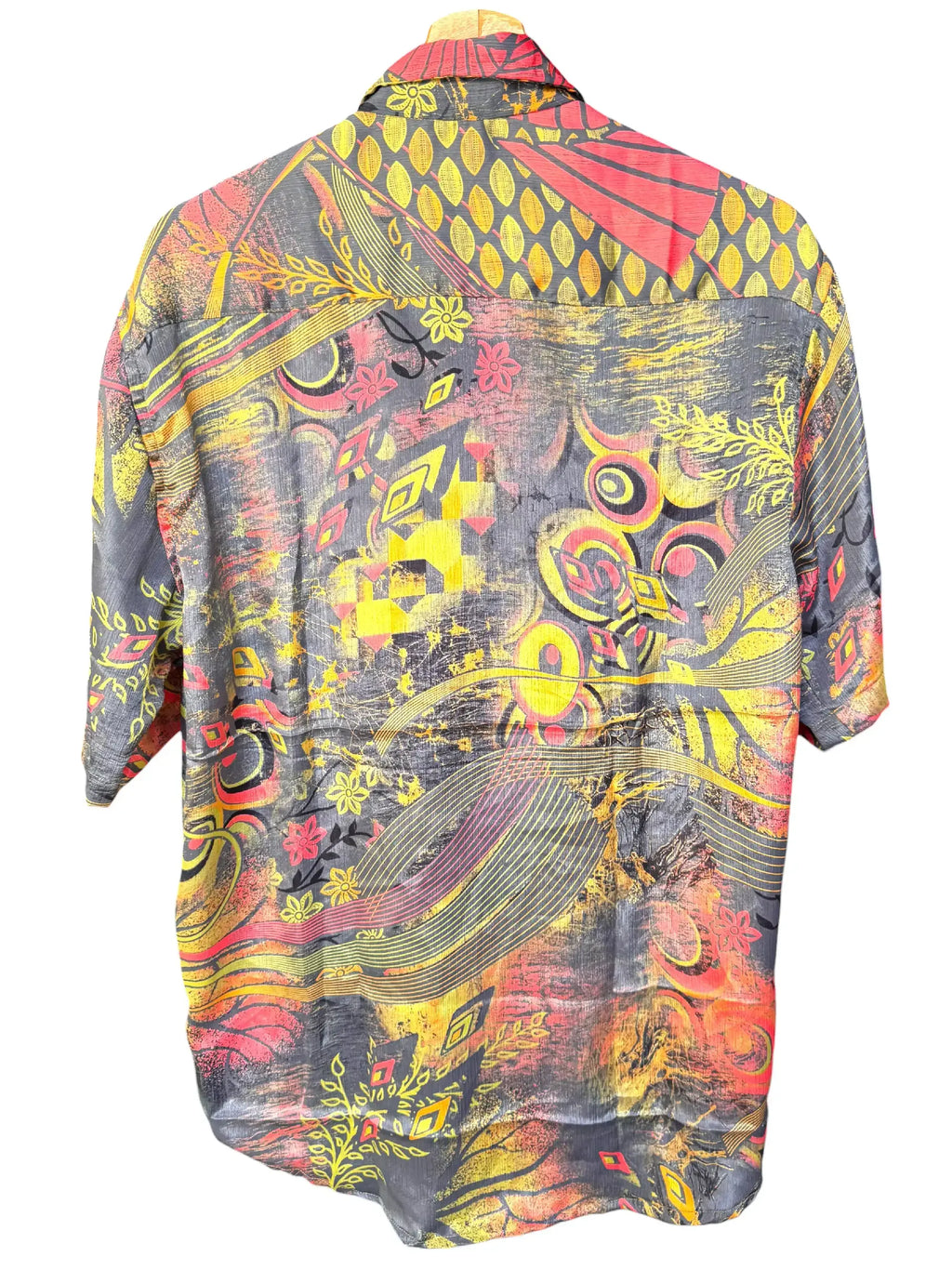 Camicia Etnica Grigia Gialla - Astratto Boho Vintage Sari - Taglia XL