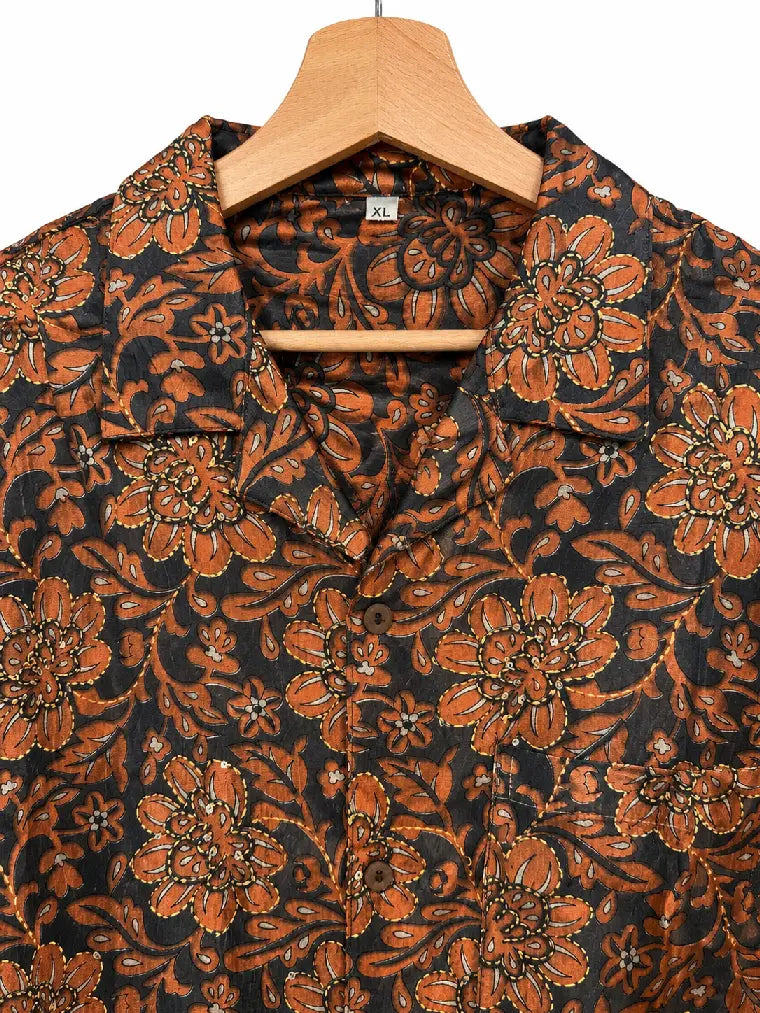 Camicia in Seta Sari Floreale Ricamata Nero e Rame Unisex - Taglia XL