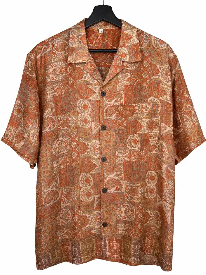 Camicia in Seta Sari Paisley Mandala Terracotta Unisex - Taglia S