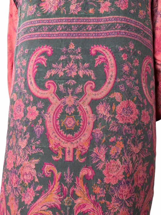 Camicia in Seta Sari Batik Floreale Fucsia Antracite Unisex - Taglia S