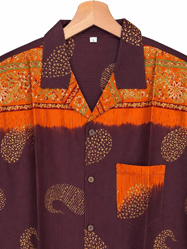 Camicia in Seta Sari Paisley Bordeaux e Arancio Unisex - Taglia L