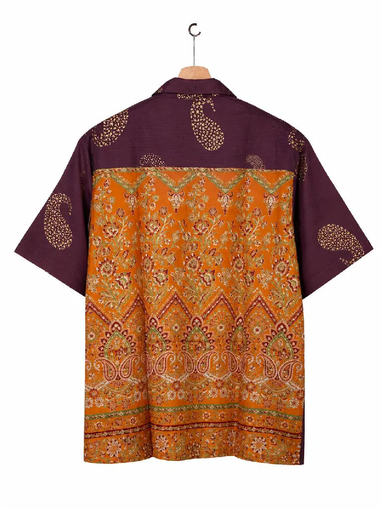 Camicia in Seta Sari Paisley Bordeaux e Arancio Unisex - Taglia L