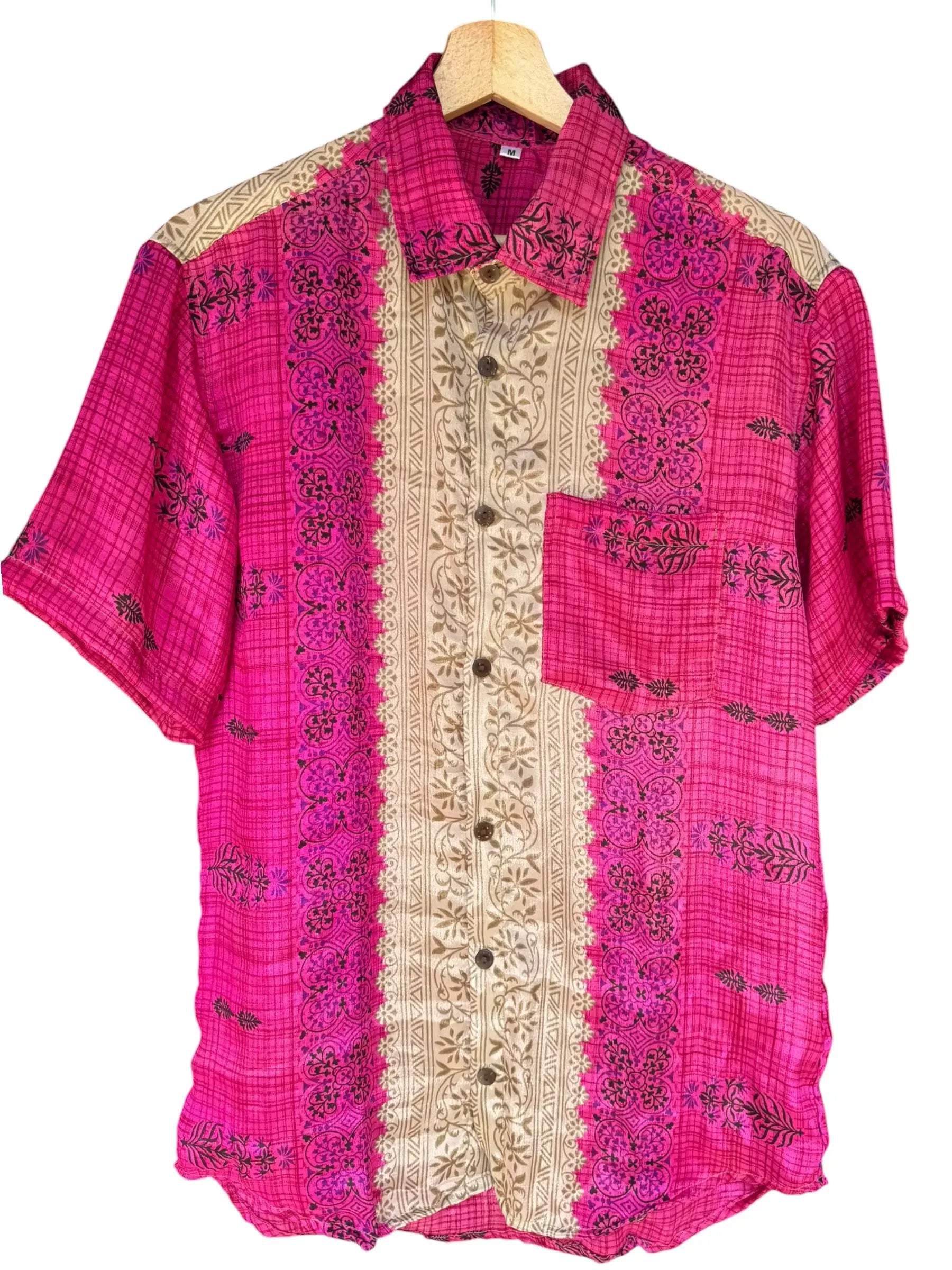 Camicia Floreale Etnica Rosa Vintage Upcycled - Taglia M