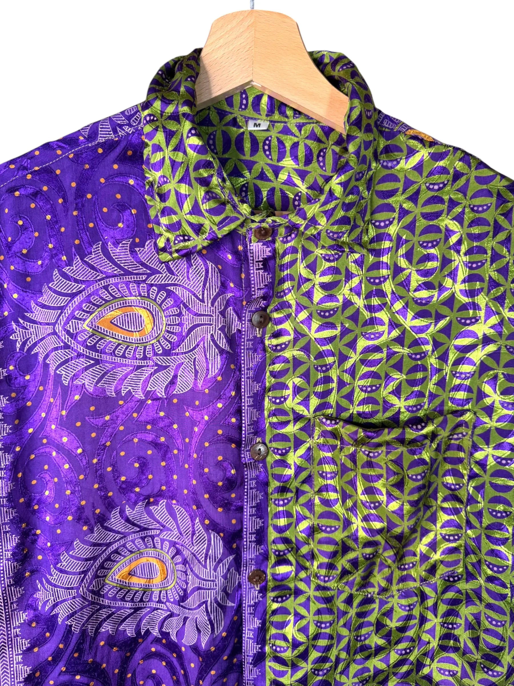 Camicia Etnica Viola e Verde Geometrica - Sari Upcycled - Taglia M