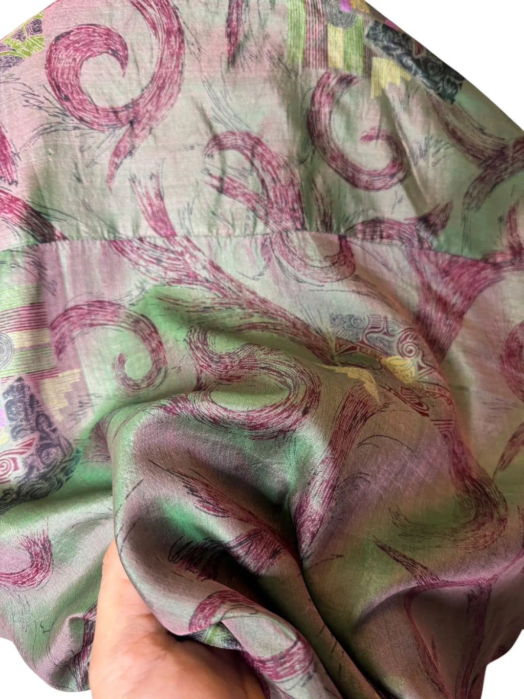 Camicia Etnica in Seta Sari Vintage Cangiante Salvia - Taglia S