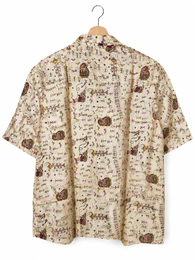 Camicia in Seta Sari Folk Narrativo Avorio e Fucsia Unisex - Taglia XL
