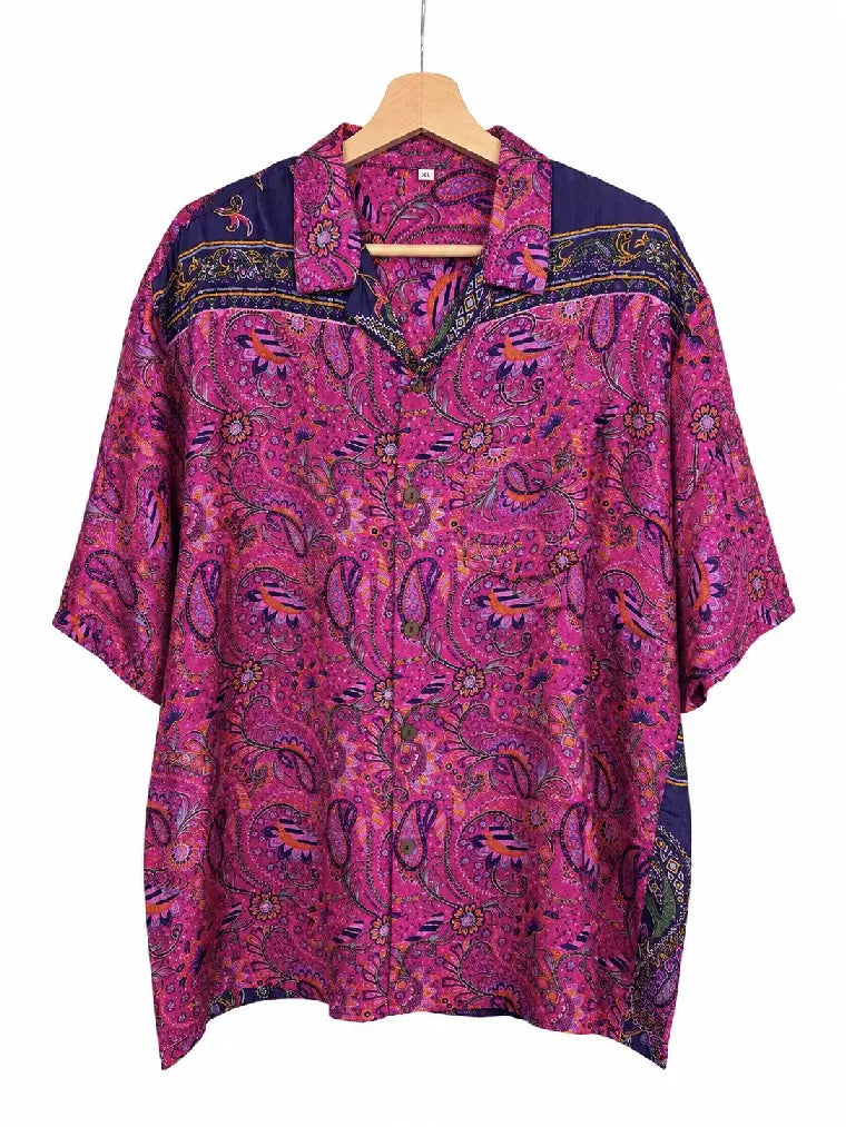 Camicia in Seta Sari Paisley Fucsia e Blu Notte Unisex - Taglia XL