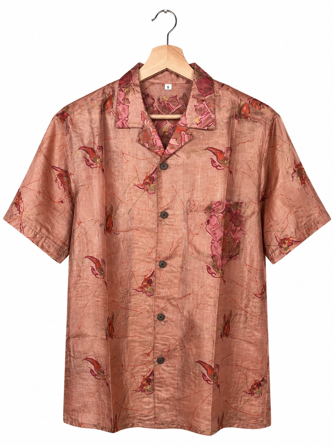 Camicia in Seta Sari Rosa Cipria Fiori Astratti Unisex - Taglia S