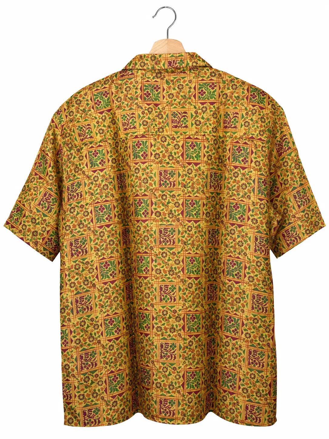 Camicia in Seta Sari Ocra Griglia Floreale Rajput Unisex - Taglia S