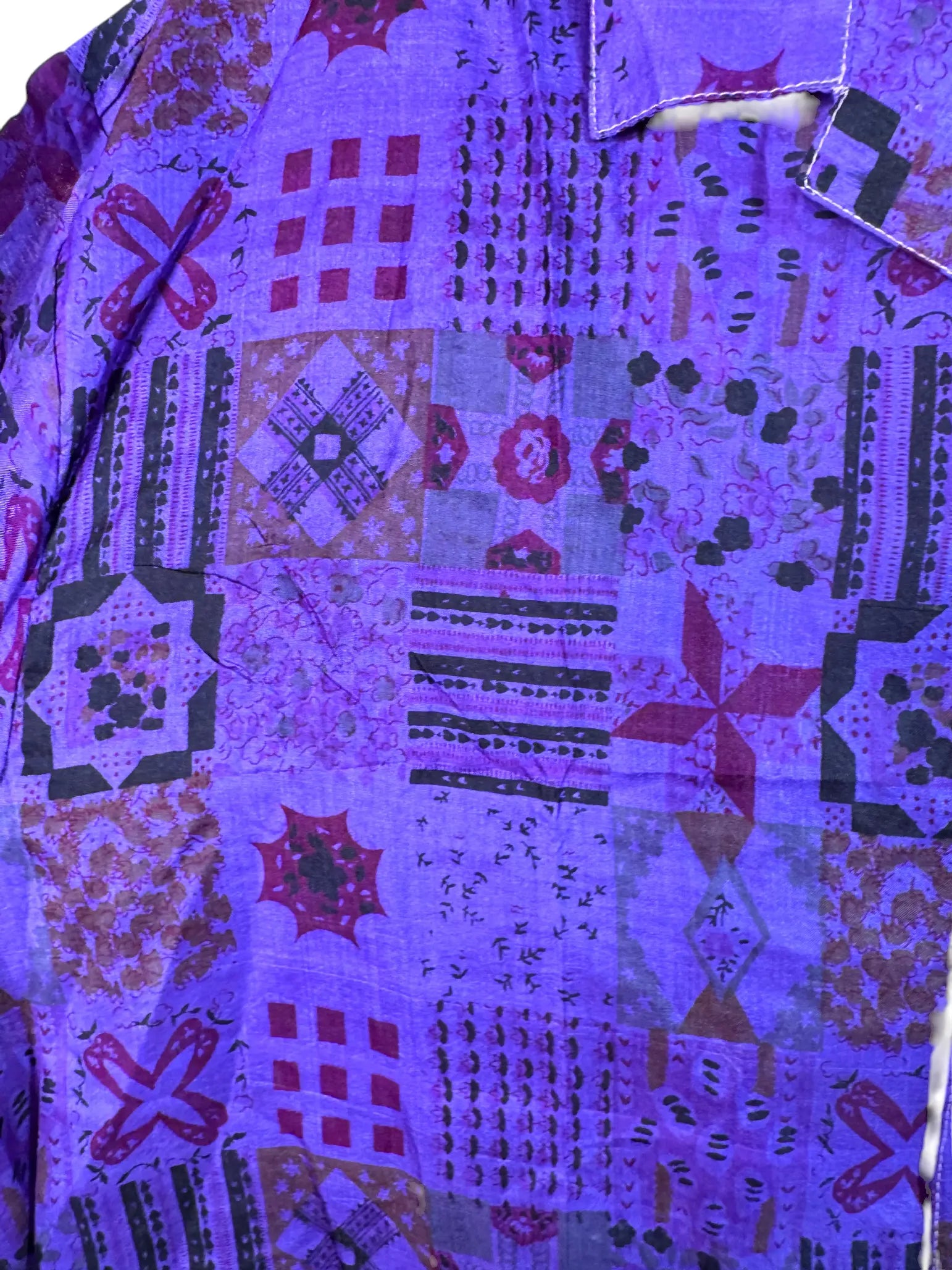 Camicia in Seta Sari Patchwork Geometrico Viola Unisex - Taglia L