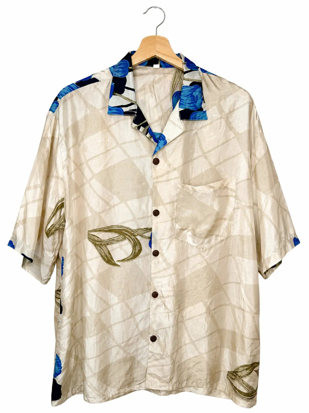 Camicia Etnica in Seta Sari Tulipani Blu Panna - Taglia M