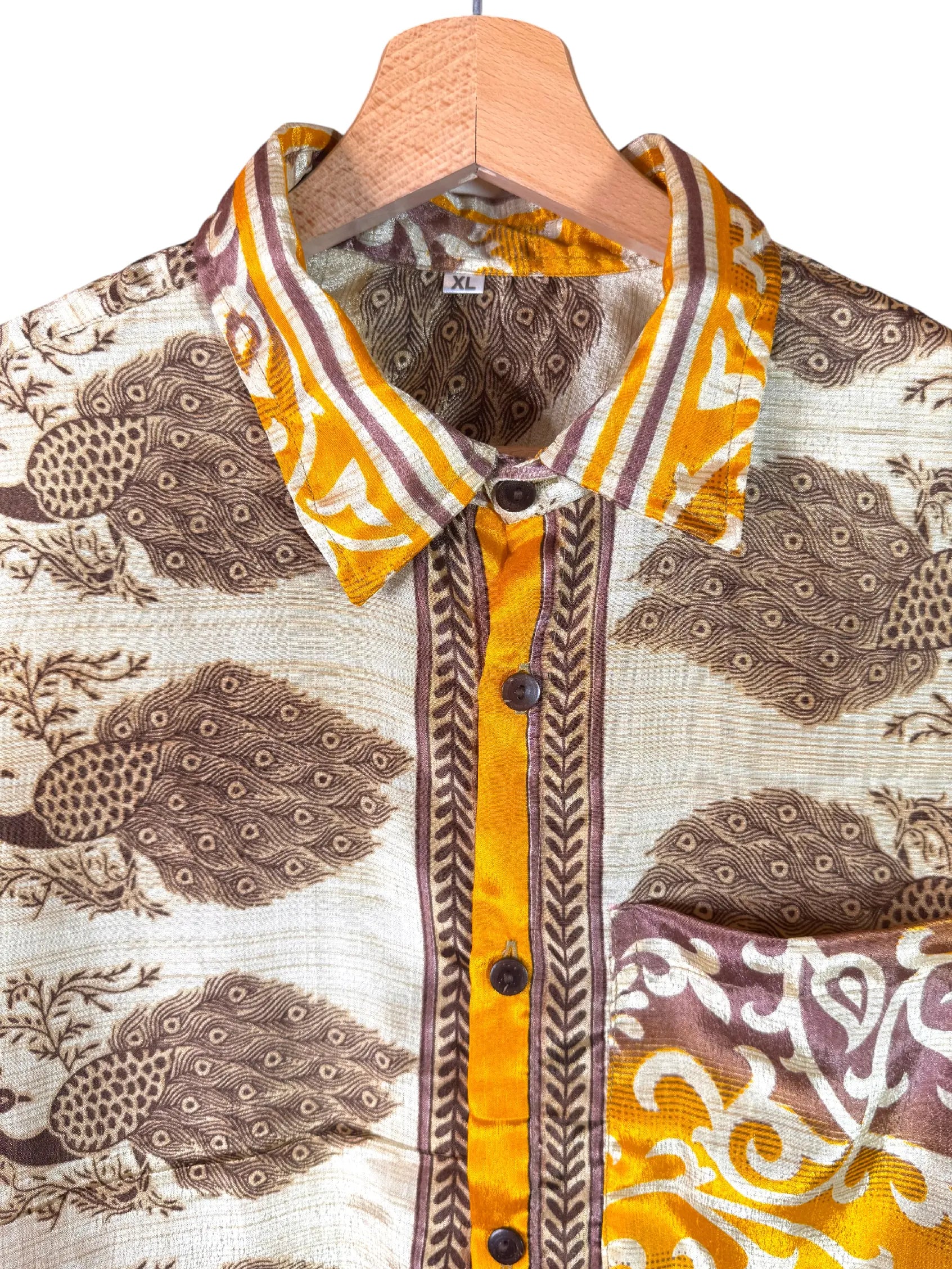 Camicia Sari Pavoni Avorio e Arabeschi Ambra Unisex - Taglia XL