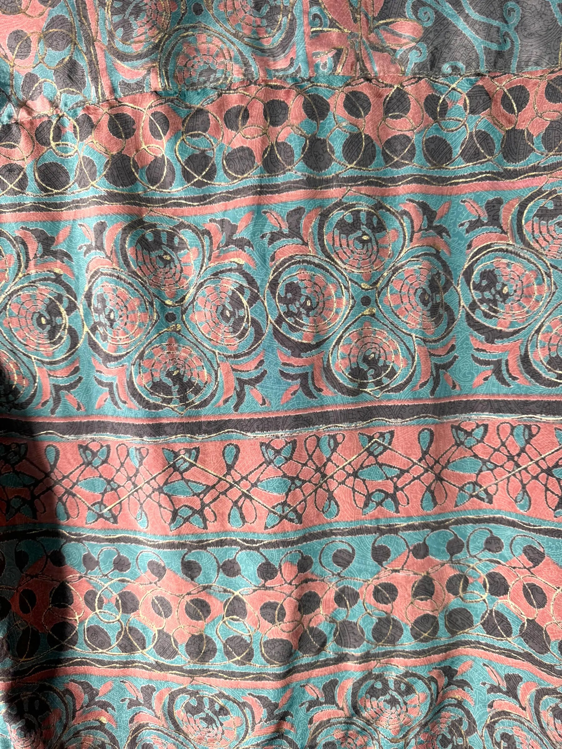 Camicia Etnica Verde Acqua Floreale - Sari Upcycled - Taglia M