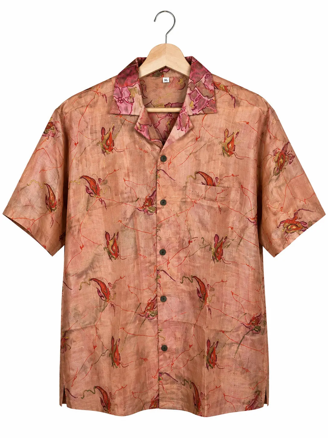 Camicia in Seta Sari Salmone Fiamme e Retro Espressionista - Taglia XL