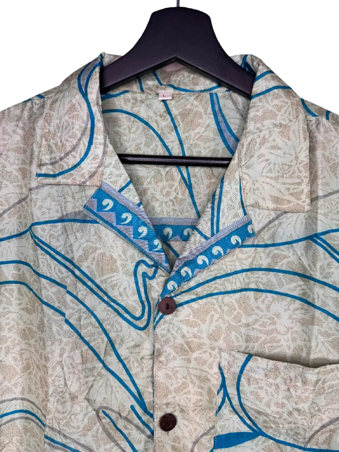 Camicia in Seta Sari Onde Astratte Avorio e Turchese Unisex - Taglia L