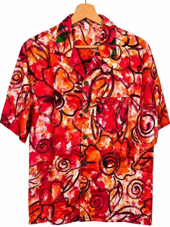Camicia in Seta Sari Floreale Pittorico Rosso e Arancio - Taglia S