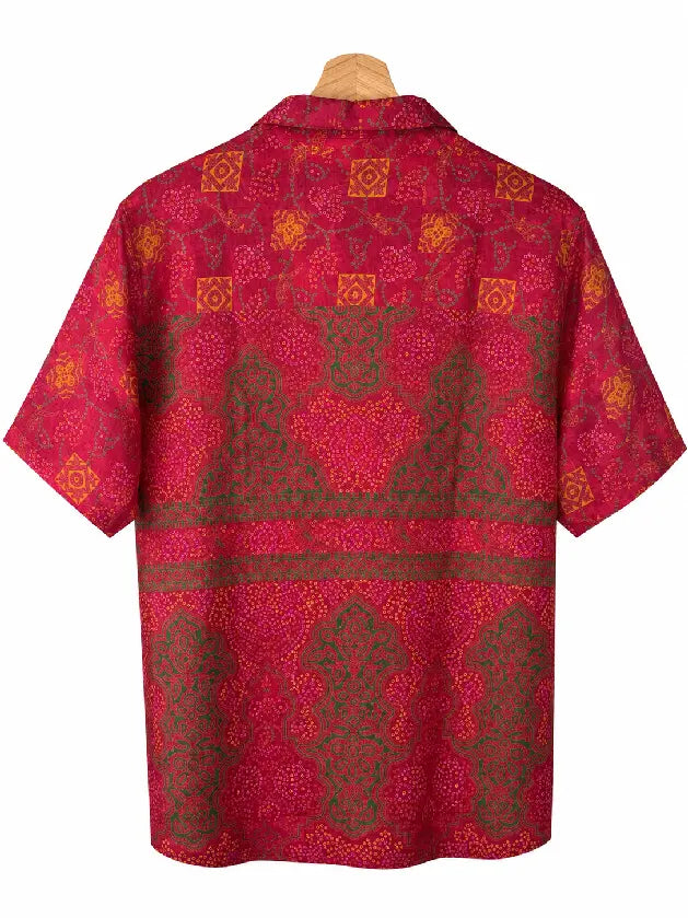 Camicia in Seta Sari Bandhani Rosso e Verde Unisex - Taglia L