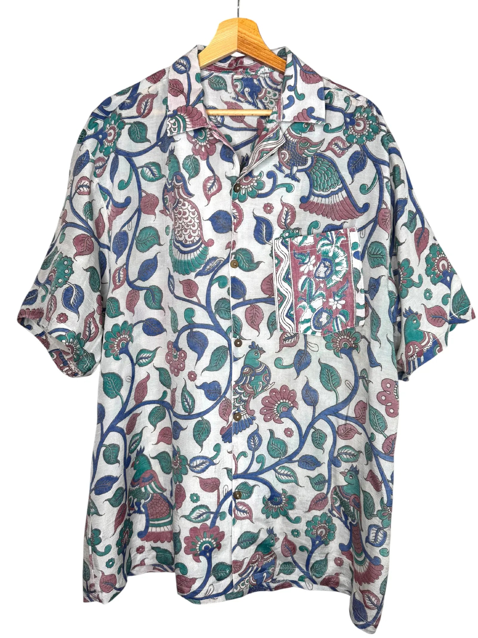 Camicia Etnica Kalamkari Pavoni Cotone Verde Acqua - XL