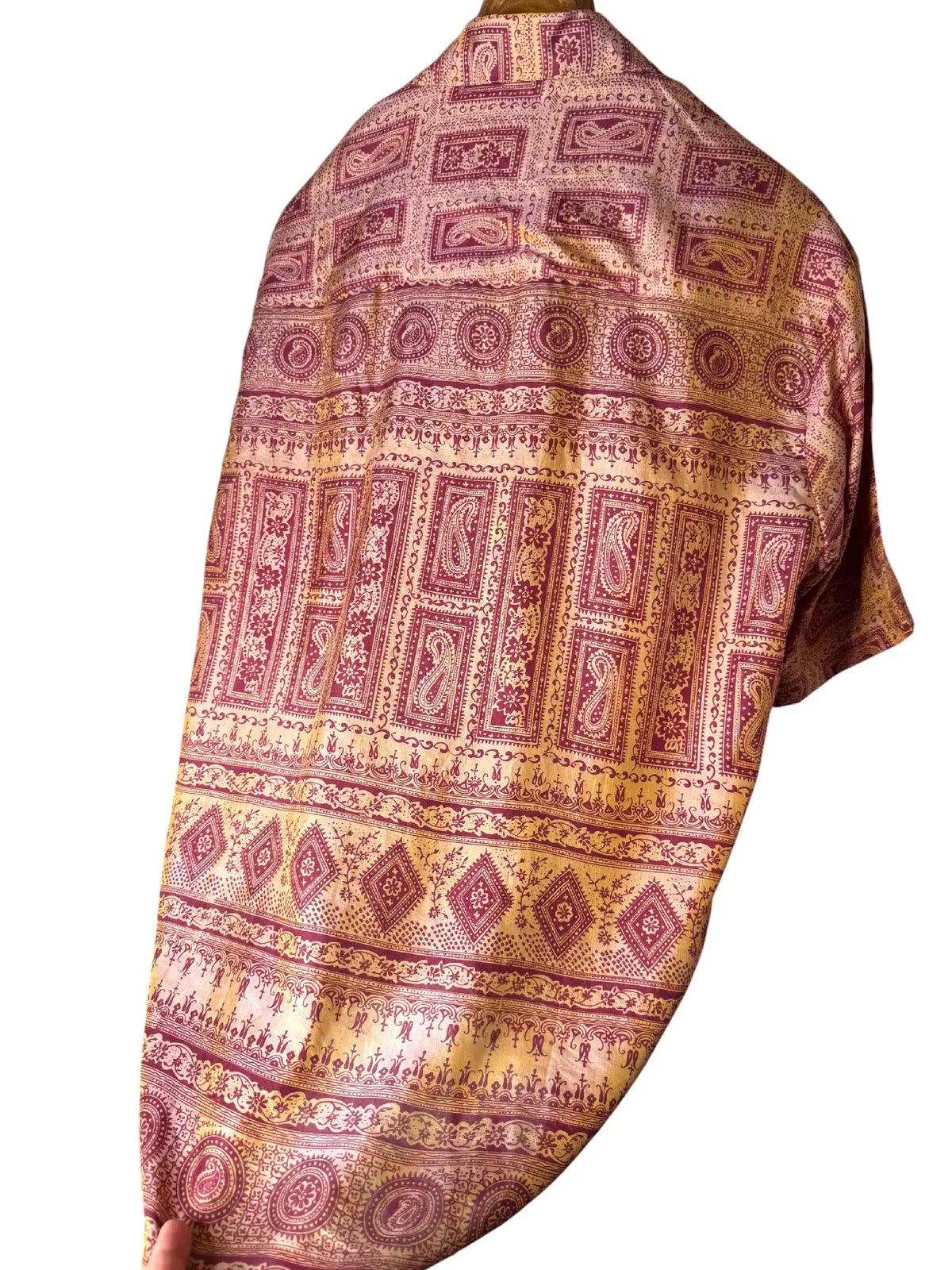 Camicia Etnica in Seta Sari Vintage Paisley Ocra Bordeaux - Taglia S