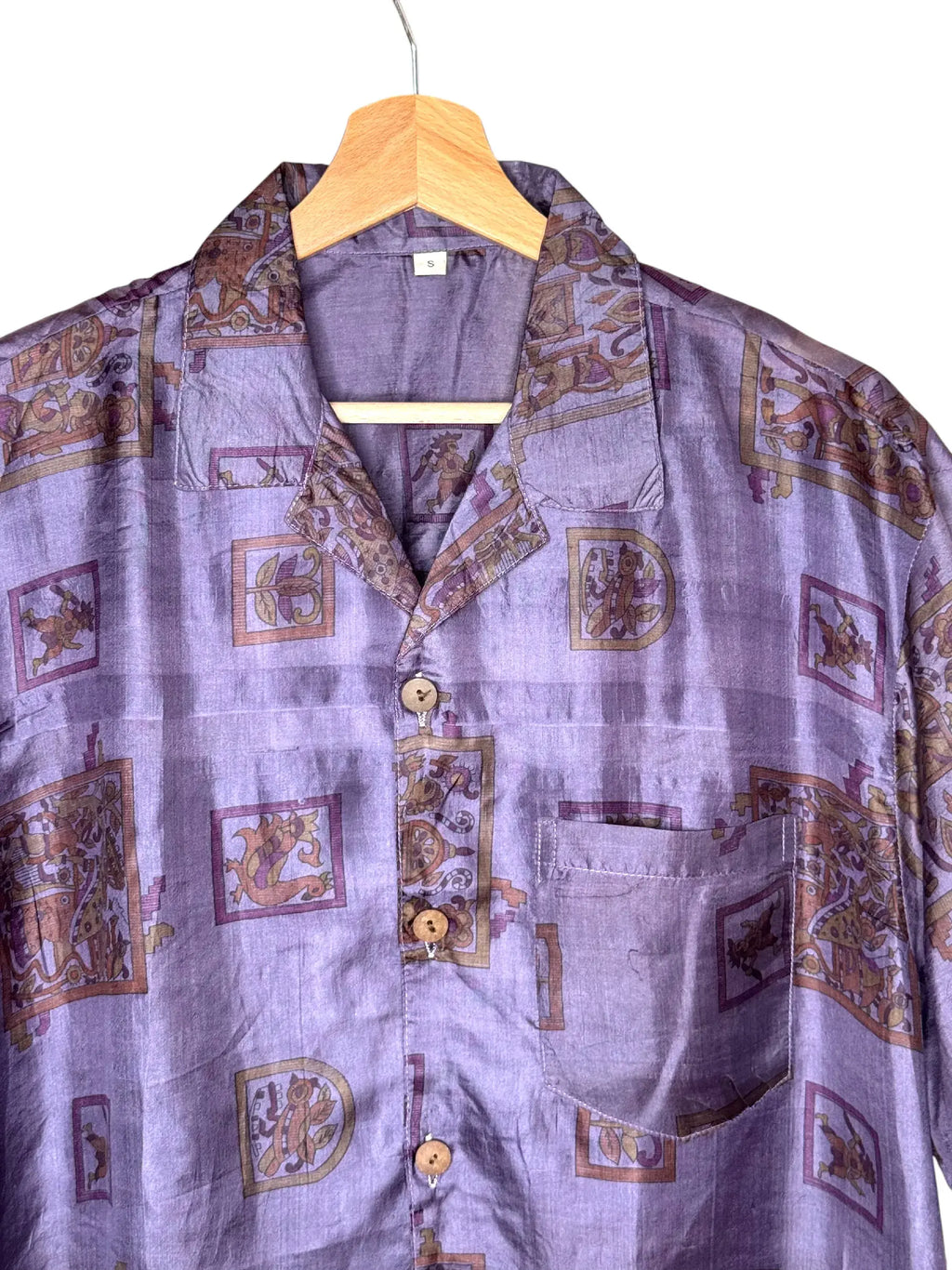 Camicia Etnica in Seta Sari Stemmi Lilla Ambra - Tg S