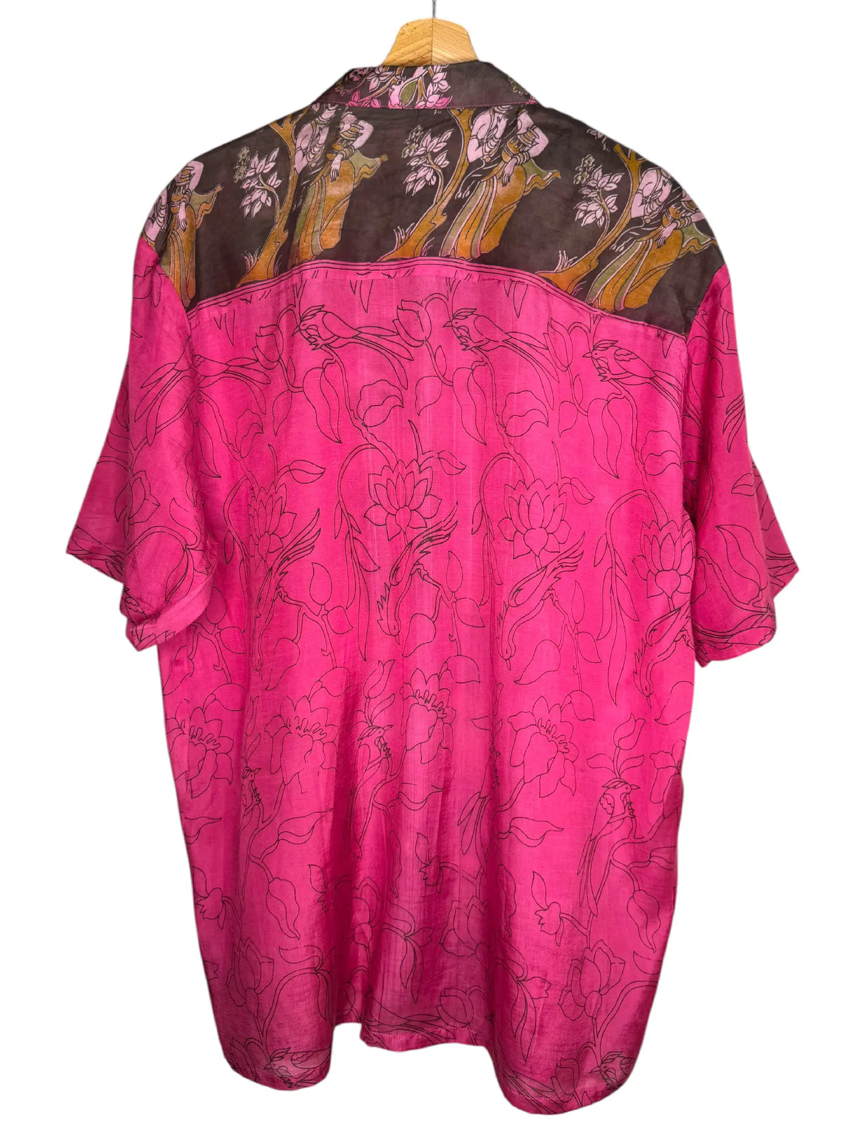 Camicia Etnica Kalamkari Fiori e Uccelli Cotone Fucsia - L